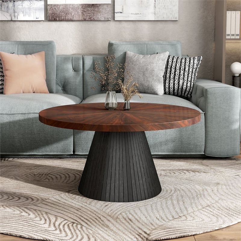 Bowery Hill High-Gloss Parquet Round Coffee Table in Brown Wood Veneer