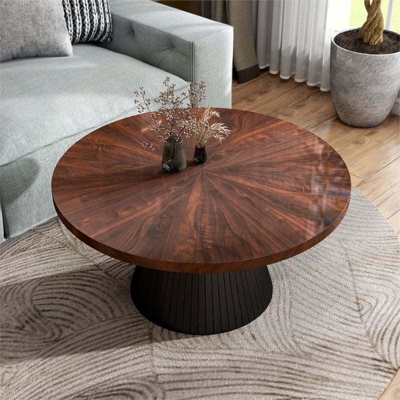 Bowery Hill High-Gloss Parquet Round Coffee Table in Brown Wood Veneer