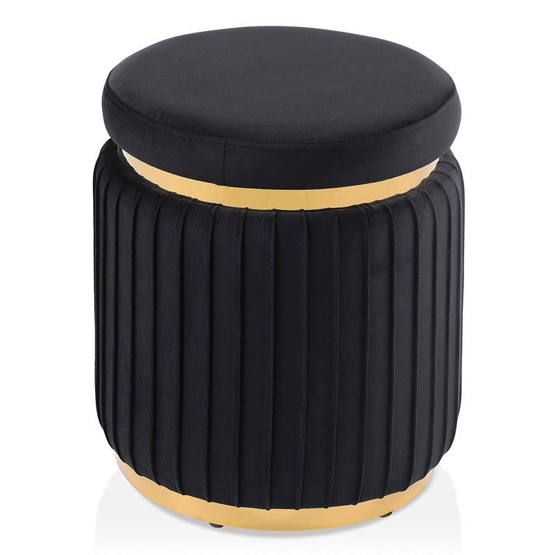 Bowery Hill Fabric Upholstered Round Stool in Black with Gold Accents