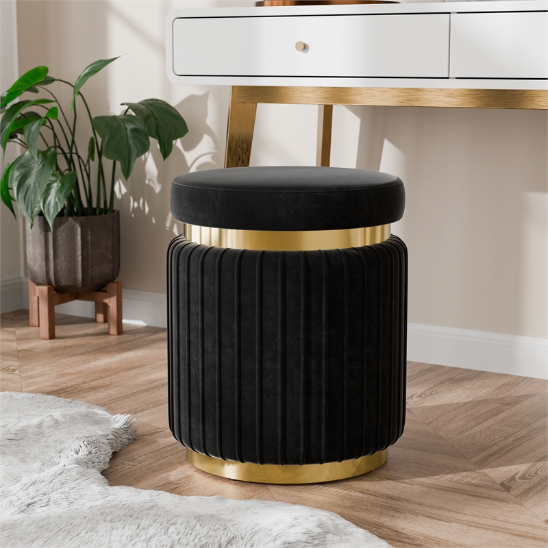 Bowery Hill Fabric Upholstered Round Stool in Black with Gold Accents