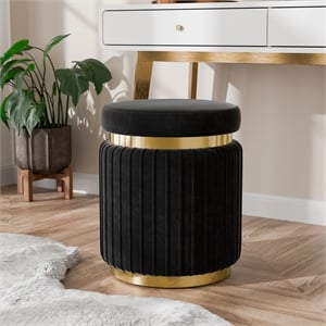 Bowery Hill Fabric Upholstered Round Stool in Black with Gold Accents