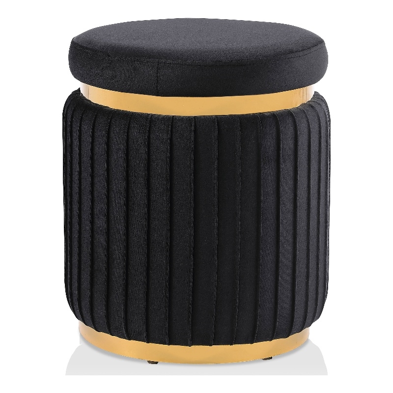 Bowery Hill Fabric Upholstered Round Stool in Black with Gold Accents