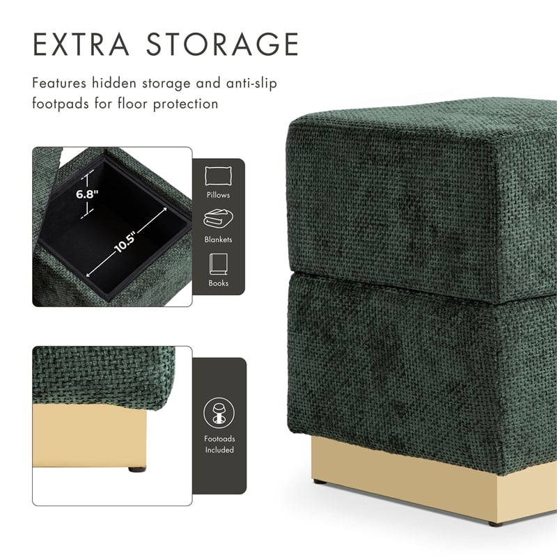 Bowery Hill Chenille Square Cube Storage Stool with Gold Base in Green