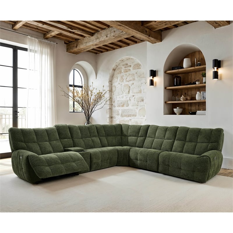 Bowery Hill Jade Green Chenille L-Shaped Power Sectional with USB Ports