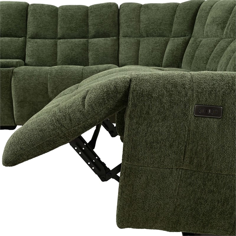 Bowery Hill Jade Green Chenille L-Shaped Power Sectional with USB Ports