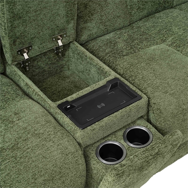 Bowery Hill Jade Green Chenille L-Shaped Power Sectional with USB Ports
