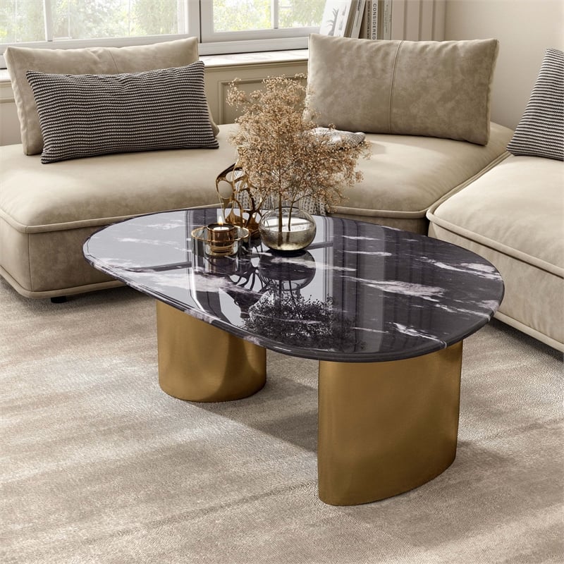 Bowery Hill Stone Top Oval Coffee Table in Stainless Steel and Multi-Color
