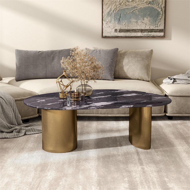 Bowery Hill Stone Top Oval Coffee Table in Stainless Steel and Multi-Color