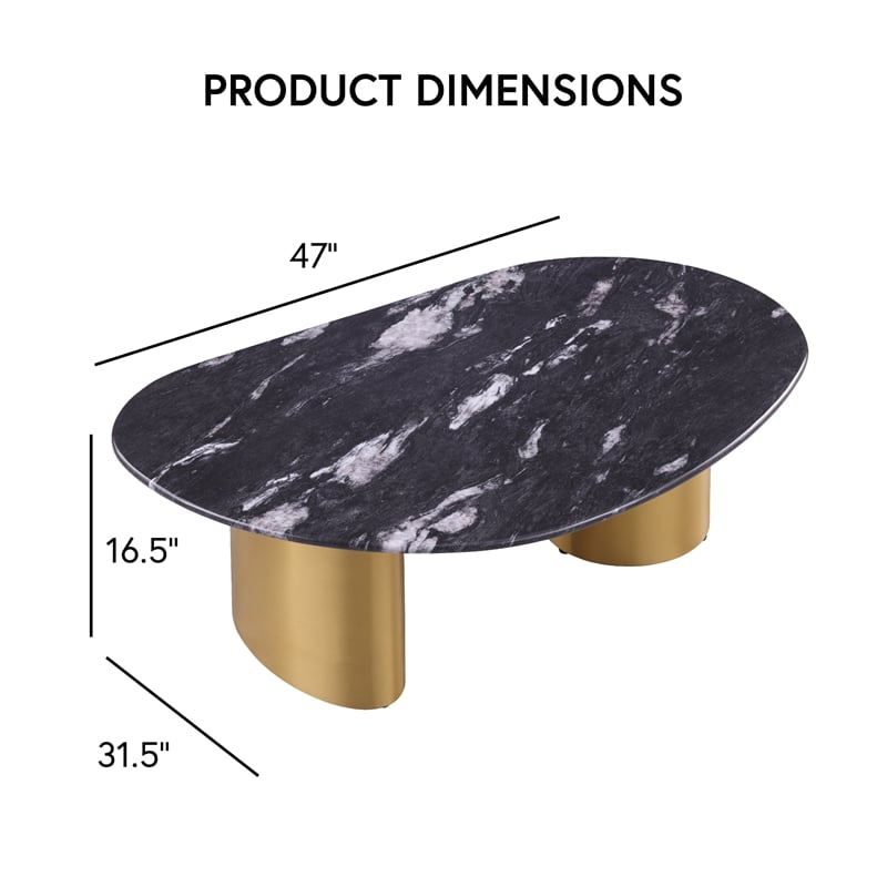Bowery Hill Stone Top Oval Coffee Table in Stainless Steel and Multi-Color