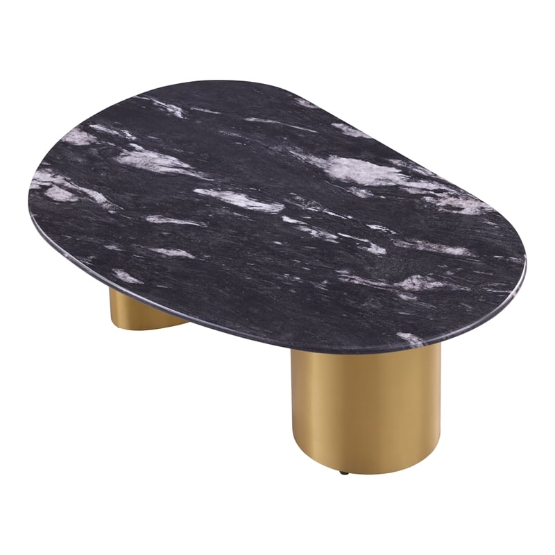 Bowery Hill Stone Top Oval Coffee Table in Stainless Steel and Multi-Color
