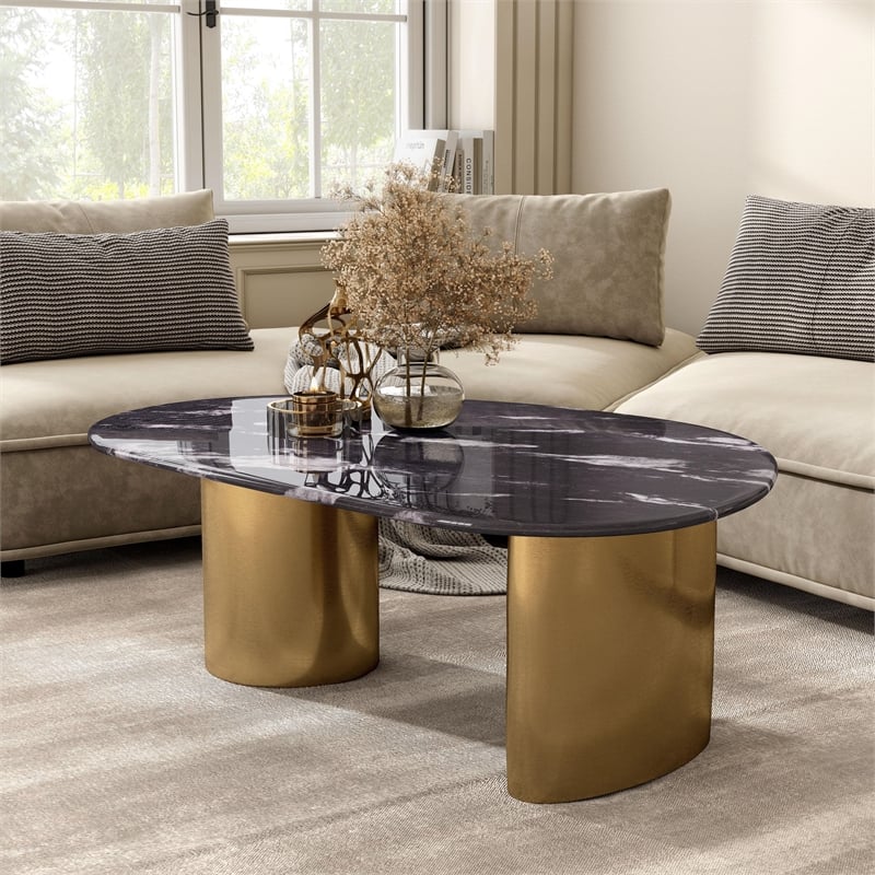 Bowery Hill Stone Top Oval Coffee Table in Stainless Steel and Multi-Color