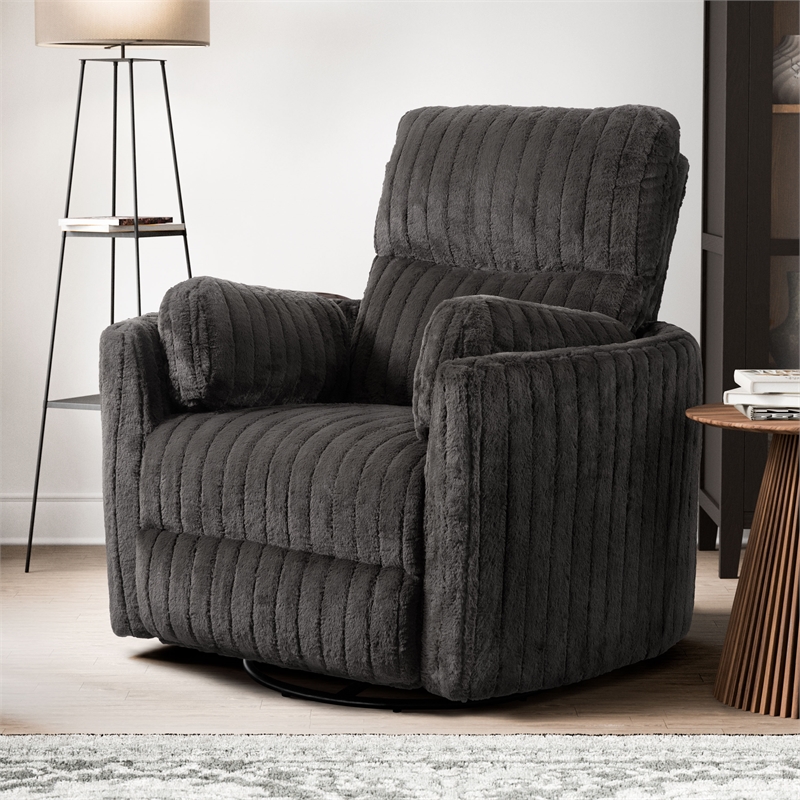 Bowery Hill Fabric Power Recliner with Glider and Swivel in Dark Gray