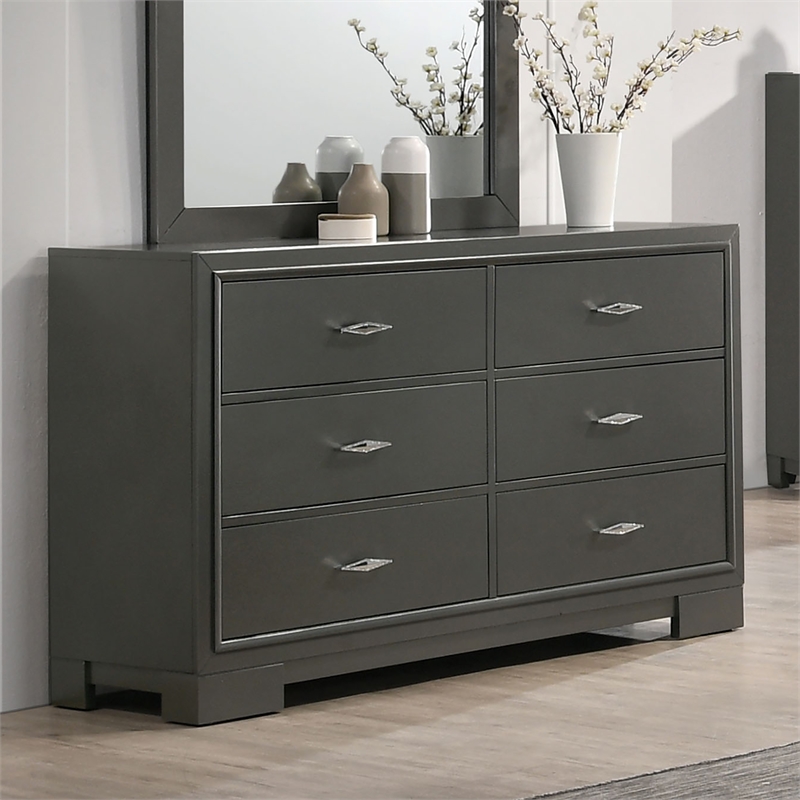 Bowery Hill 6-Drawer Wood Dresser with Acrylic Hardware in Gray
