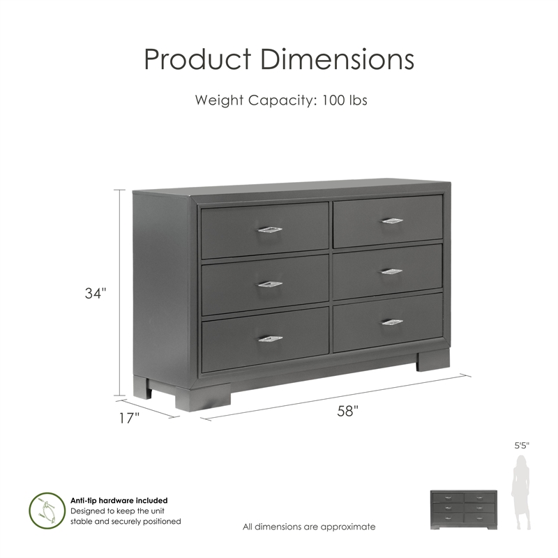 Bowery Hill 6-Drawer Wood Dresser with Acrylic Hardware in Gray