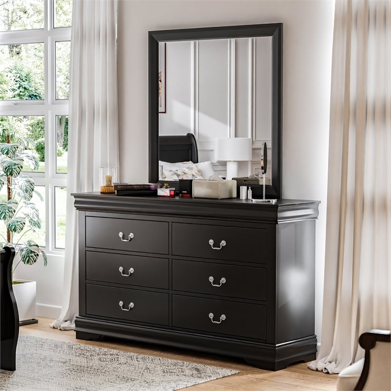 Bowery Hill 6-Drawer Transitional Wood Dresser with Mirror in Black