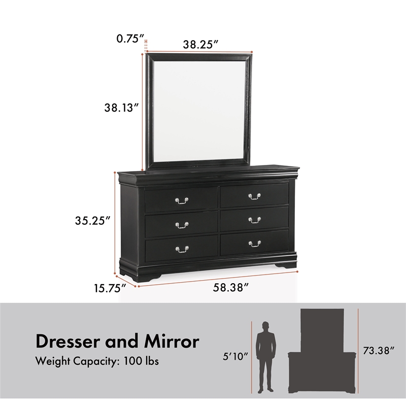 Bowery Hill 6-Drawer Transitional Wood Dresser with Mirror in Black