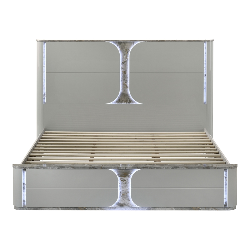 Bowery Hill Queen Platform Bed with LED Panel in Light Gray Rubberwood