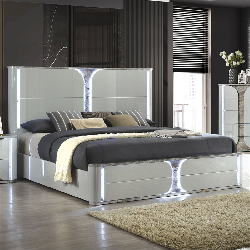 Bowery Hill Queen Platform Bed with LED Panel in Light Gray Rubberwood