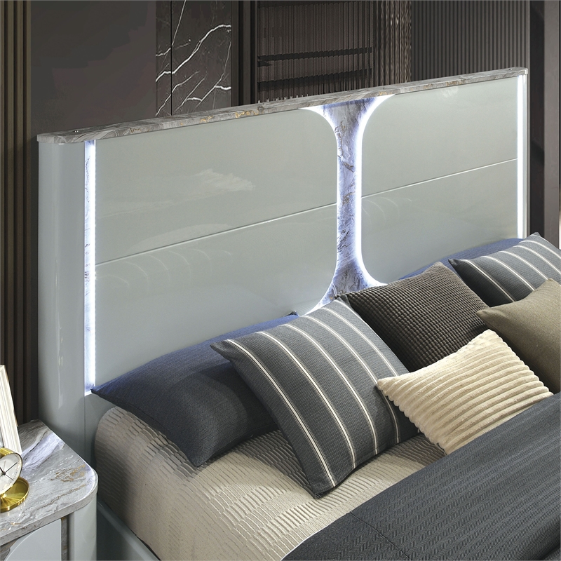 Bowery Hill Queen Platform Bed with LED Panel in Light Gray Rubberwood
