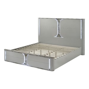 Bowery Hill Queen Platform Bed with LED Panel in Light Gray Rubberwood