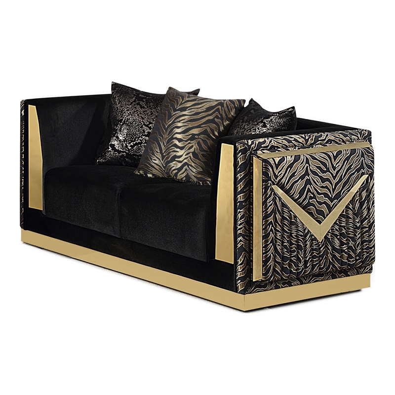 Bowery Hill Zebra Print 2-Piece Sofa Set in Black Velvet and Gold