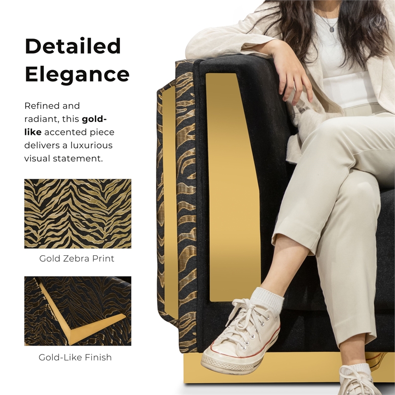 Bowery Hill Zebra Print 2-Piece Sofa Set in Black Velvet and Gold
