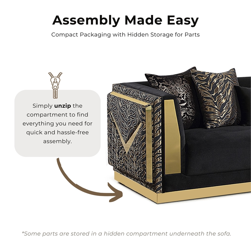 Bowery Hill Zebra Print 2-Piece Sofa Set in Black Velvet and Gold