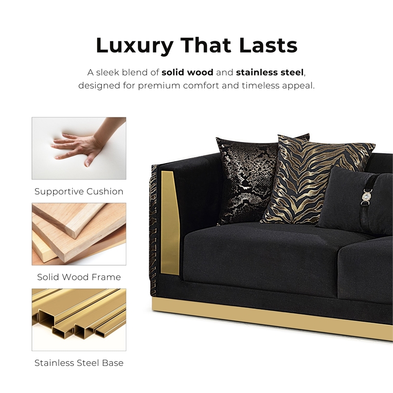 Bowery Hill Zebra Print 2-Piece Sofa Set in Black Velvet and Gold