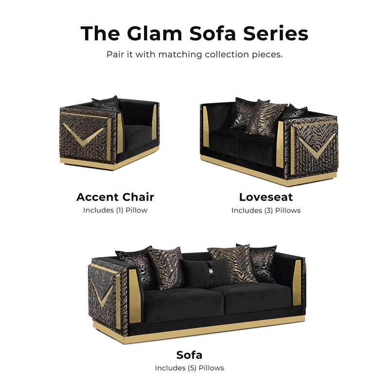 Bowery Hill Zebra Print 2-Piece Sofa Set in Black Velvet and Gold