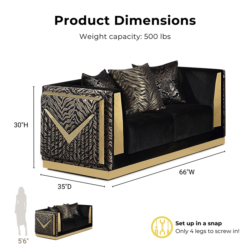 Bowery Hill Zebra Print 2-Piece Sofa Set in Black Velvet and Gold