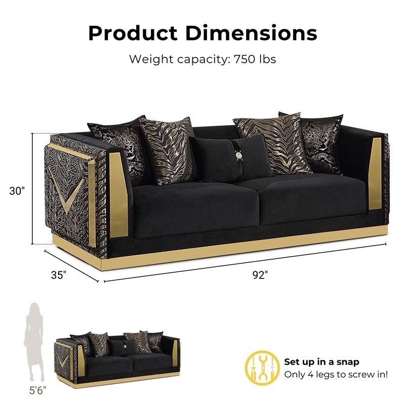 Bowery Hill Zebra Print 2-Piece Sofa Set in Black Velvet and Gold