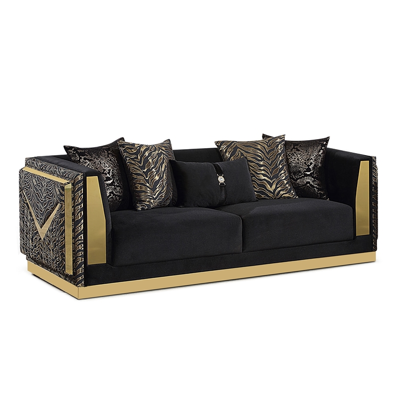 Bowery Hill Zebra Print 2-Piece Sofa Set in Black Velvet and Gold