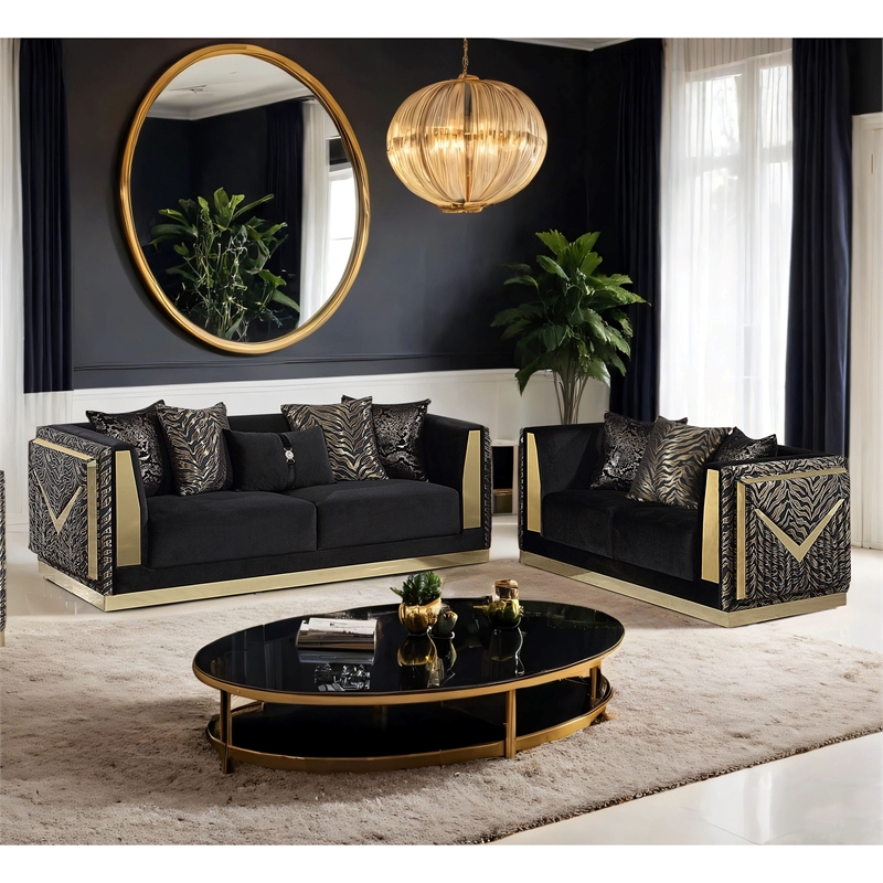 Bowery Hill Zebra Print 2-Piece Sofa Set in Black Velvet and Gold