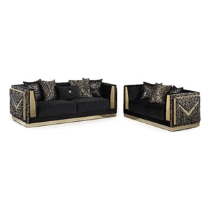 Bowery Hill Zebra Print 2-Piece Sofa Set in Black Velvet and Gold