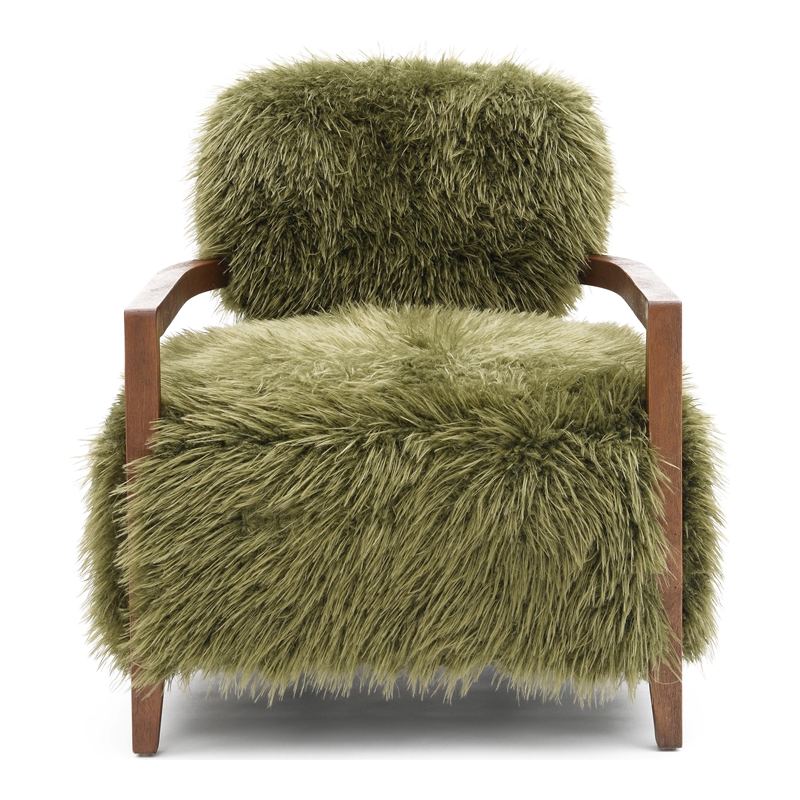 Bowery Hill Faux Fur Accent Chair with Wooden Arms in Green Fabric