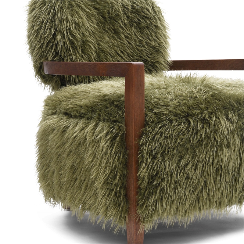 Bowery Hill Faux Fur Accent Chair with Wooden Arms in Green Fabric