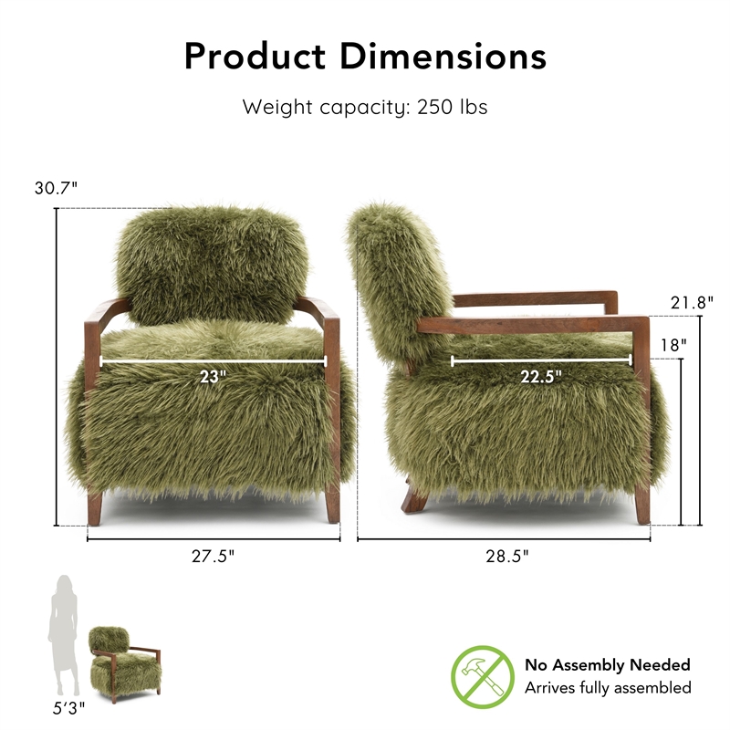 Bowery Hill Faux Fur Accent Chair with Wooden Arms in Green Fabric
