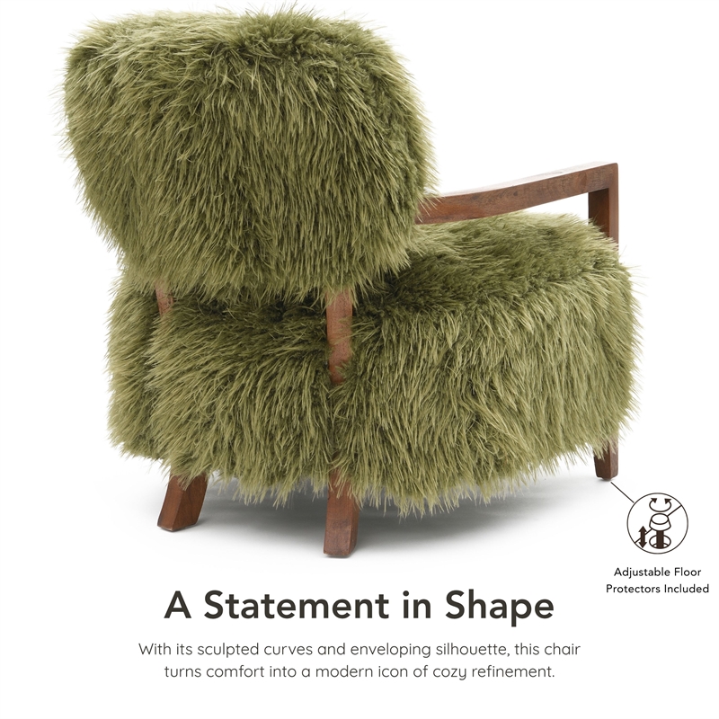 Bowery Hill Faux Fur Accent Chair with Wooden Arms in Green Fabric
