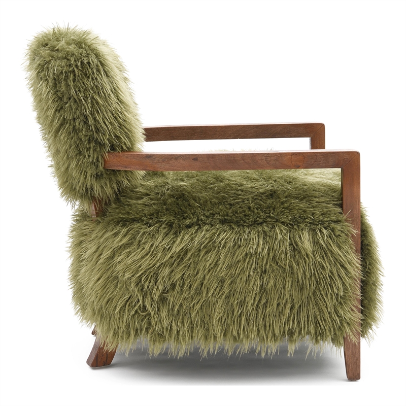 Bowery Hill Faux Fur Accent Chair with Wooden Arms in Green Fabric