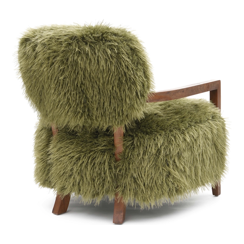 Bowery Hill Faux Fur Accent Chair with Wooden Arms in Green Fabric