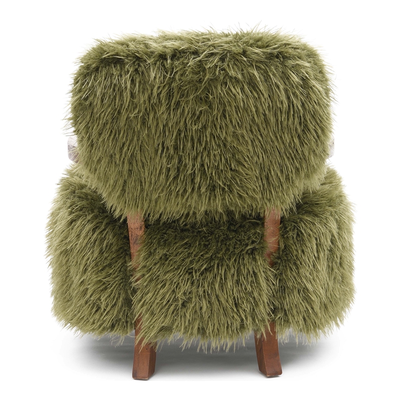 Bowery Hill Faux Fur Accent Chair with Wooden Arms in Green Fabric