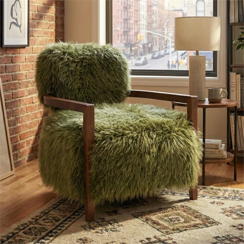 Bowery Hill Faux Fur Accent Chair with Wooden Arms in Green Fabric