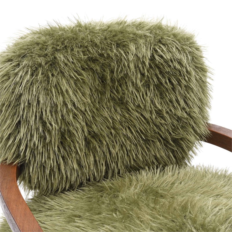 Bowery Hill Faux Fur Accent Chair with Wooden Arms in Green Fabric