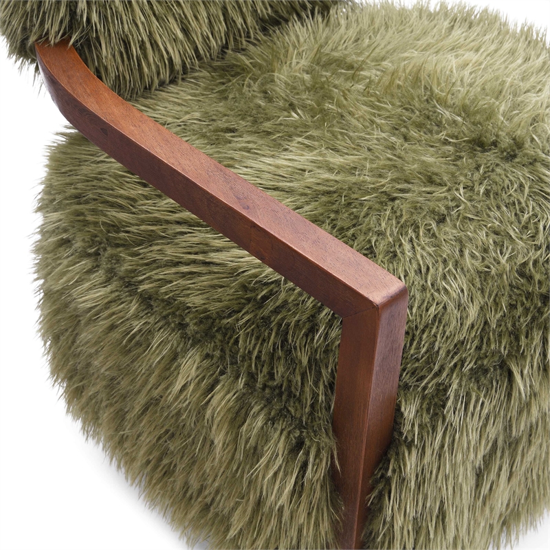 Bowery Hill Faux Fur Accent Chair with Wooden Arms in Green Fabric