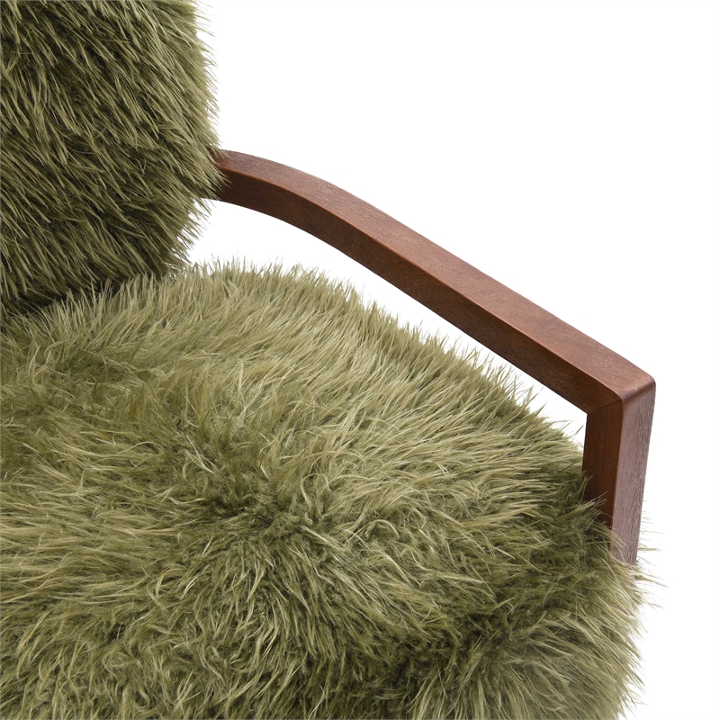 Bowery Hill Faux Fur Accent Chair with Wooden Arms in Green Fabric