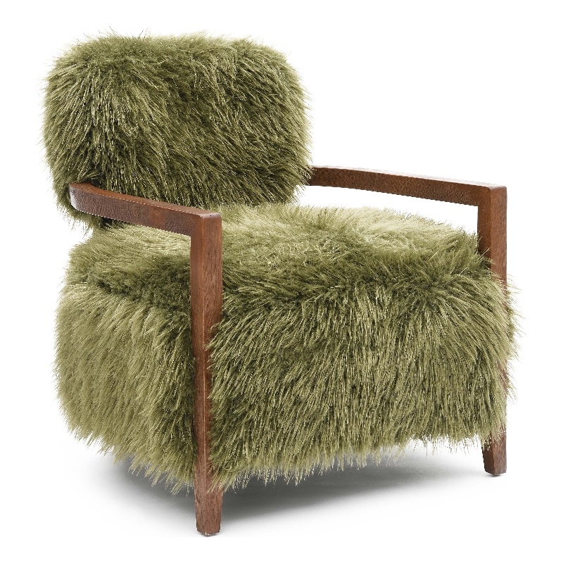 Bowery Hill Faux Fur Accent Chair with Wooden Arms in Green Fabric