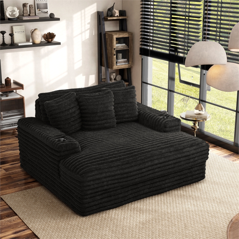 Bowery Hill 2 Arm Chaise with USB Ports in Black Chenille