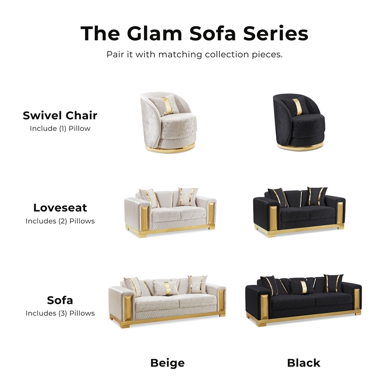 Bowery Hill 2-Piece Sofa Set with Curved Track Arms in Black Damask