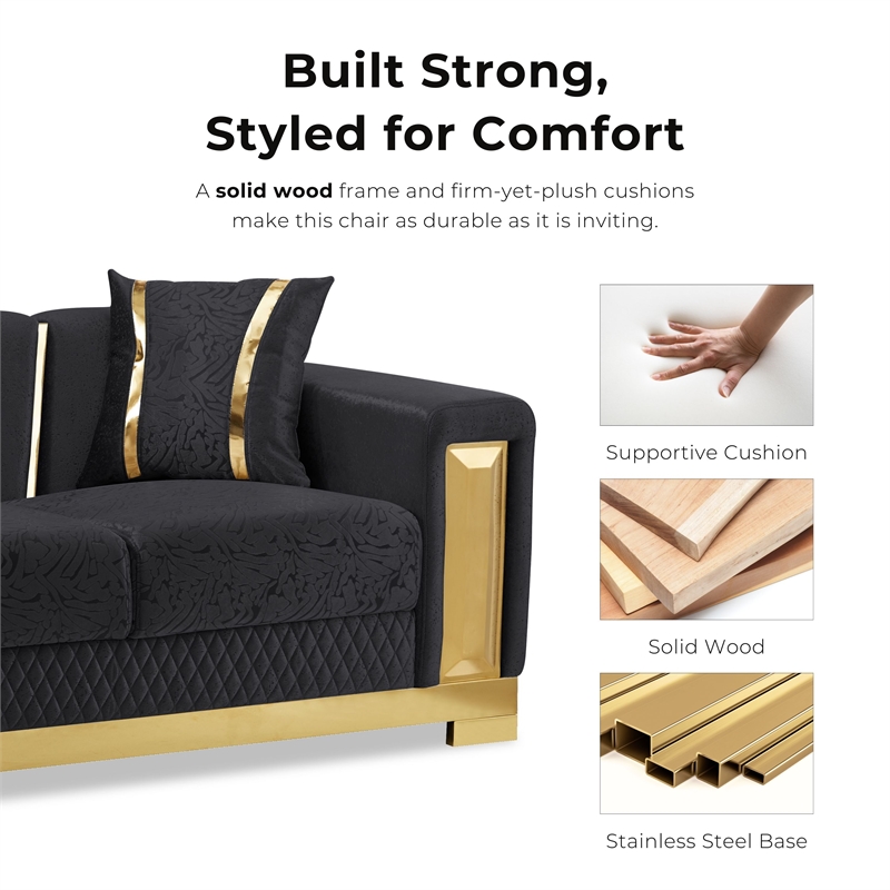 Bowery Hill 2-Piece Sofa Set with Curved Track Arms in Black Damask
