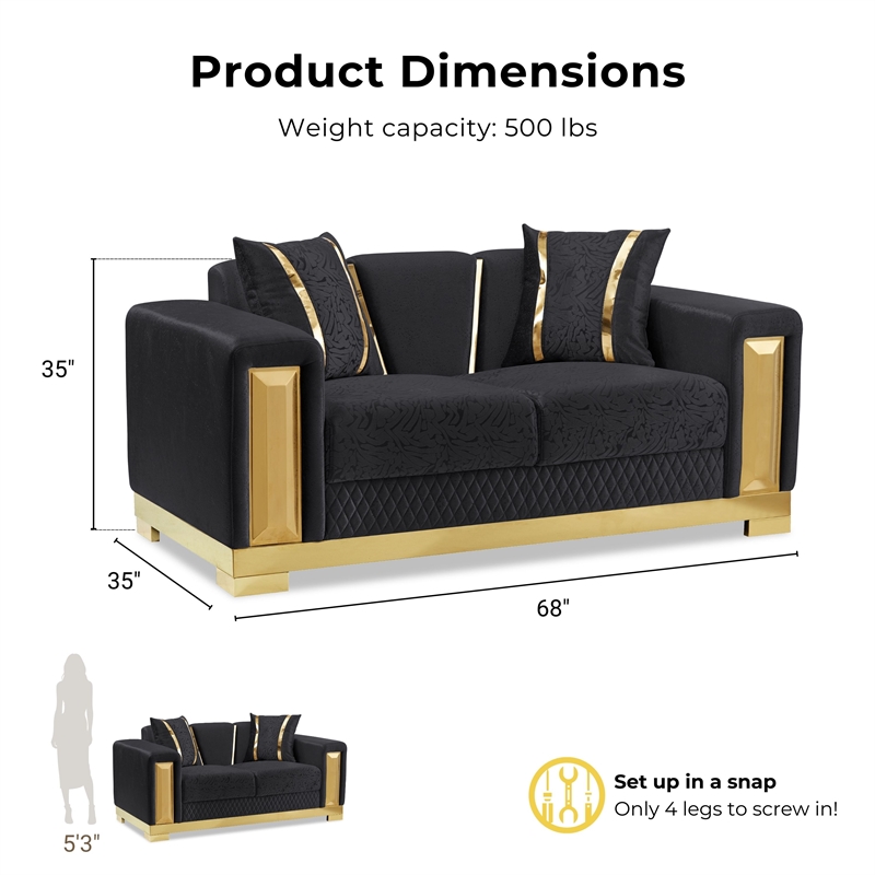 Bowery Hill 2-Piece Sofa Set with Curved Track Arms in Black Damask